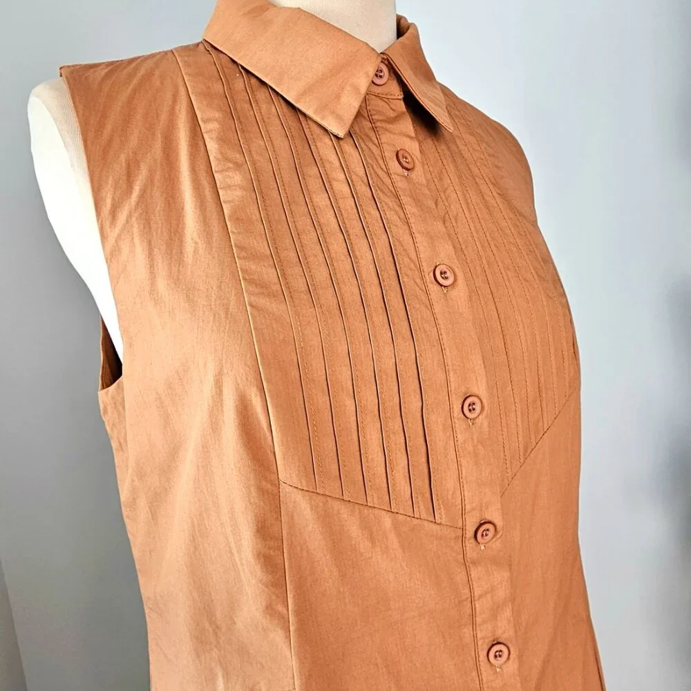 NWT Camel Cotton Poplin Midi Shirtdress Pintuck Button Front Pockets Small - Picture 6 of 10